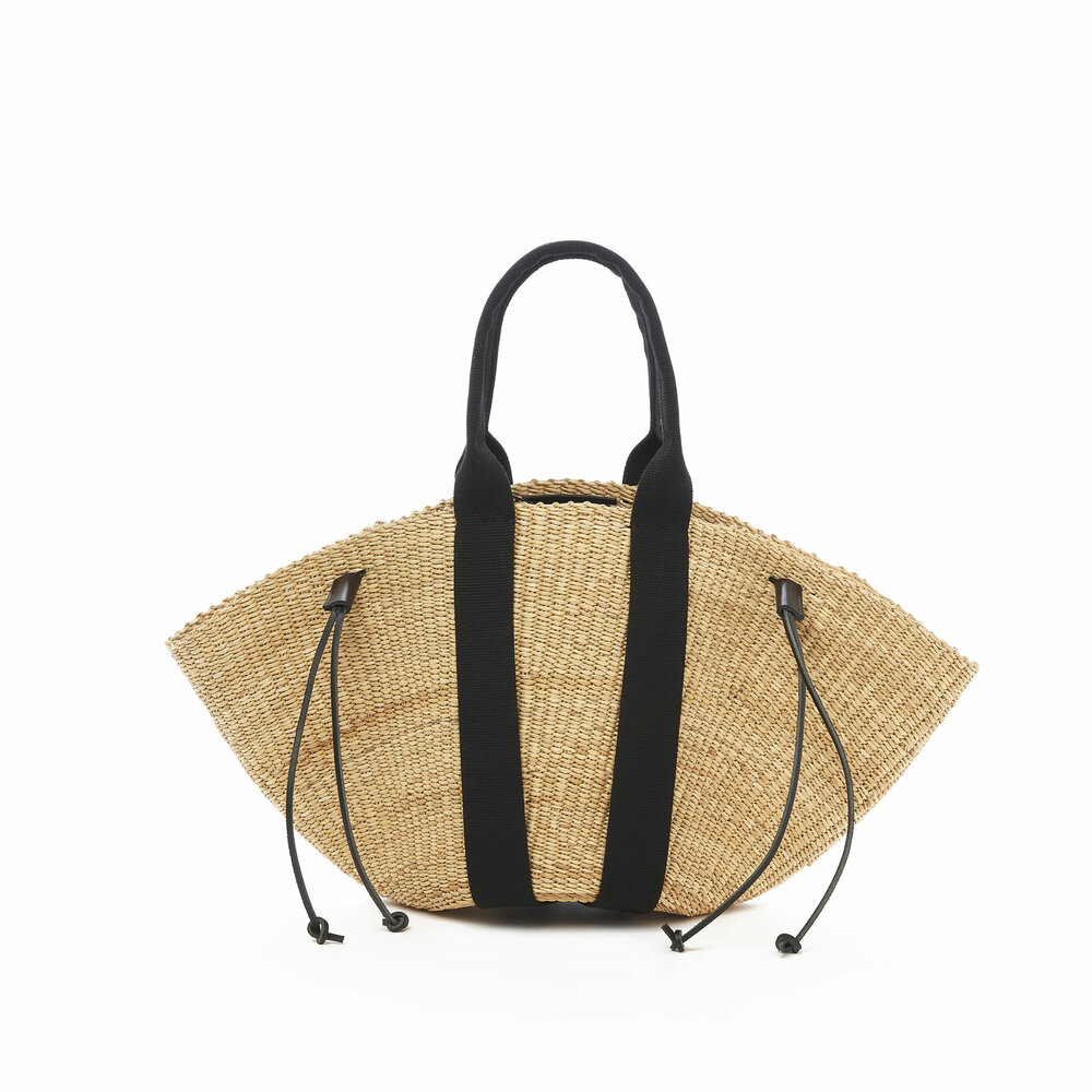 MUUN SO straw bag black cotton pouch medium